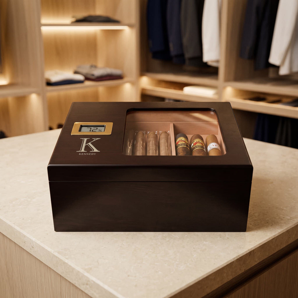 cigar humidor gift set in a closet