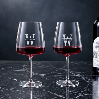 engraved Montclair Cabernet red wine glasses with wine