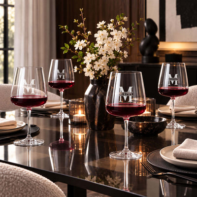 personalized red wine glasses on elegant dining table