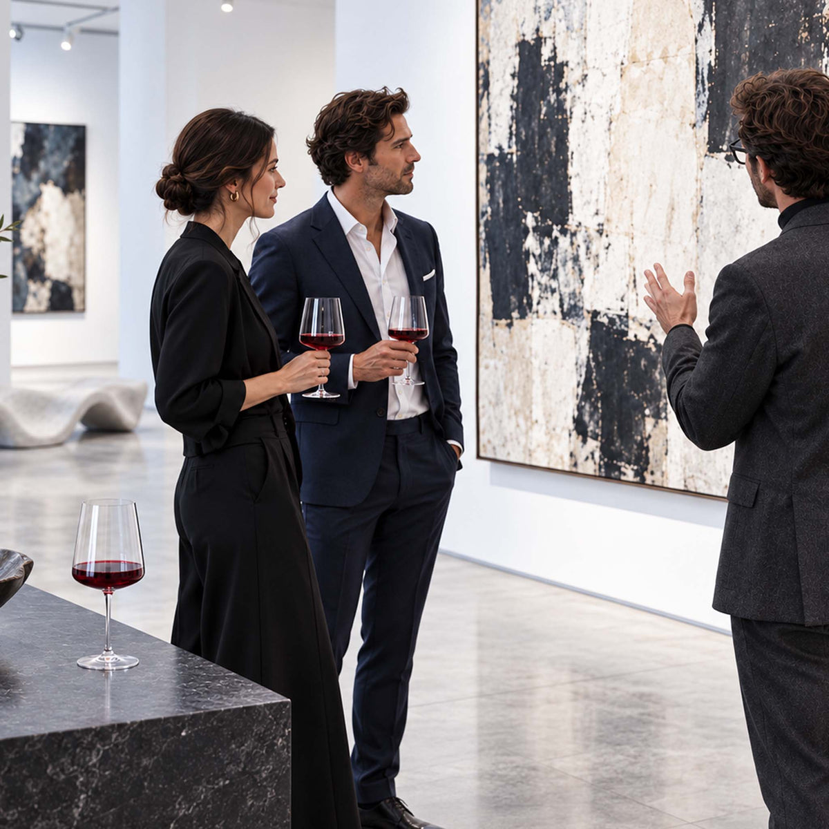 guests enjoying red wine glasses at art gallery