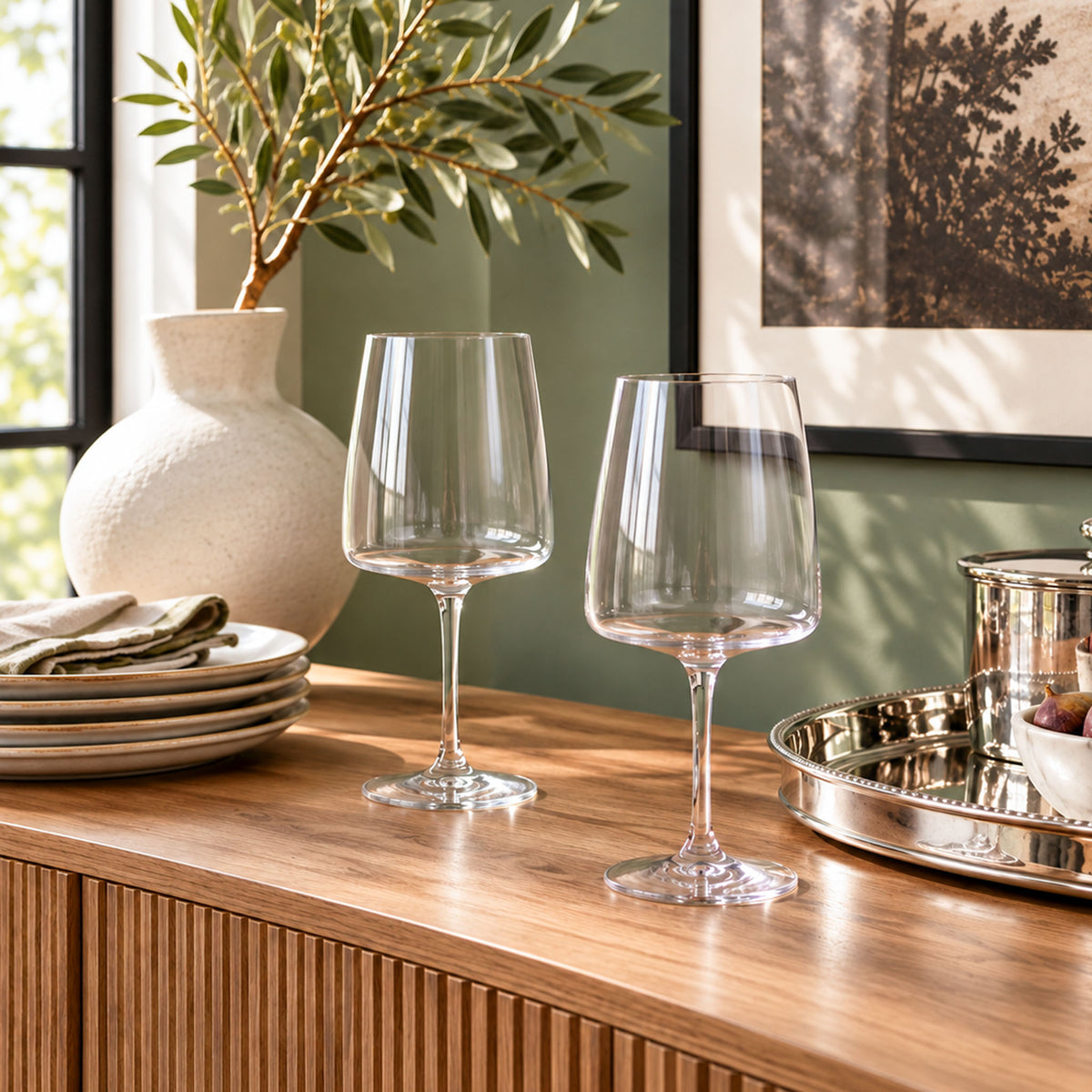 elegant Montclair red wine glasses on wooden cabinet