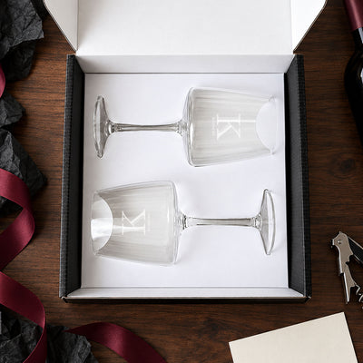 personalized Cabernet wine glasses in gift box