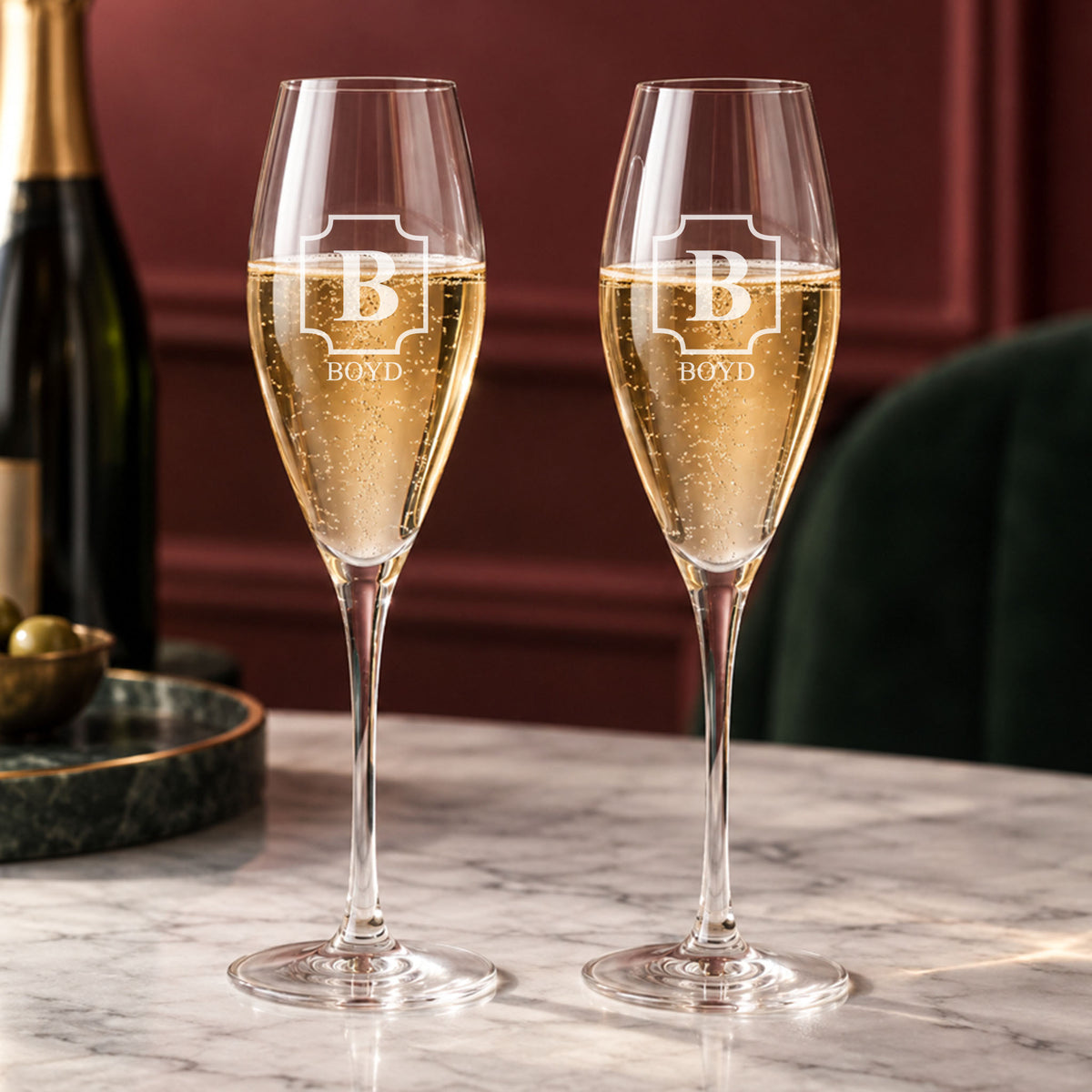 engraved Vintelle champagne flute set with Boyd monogram