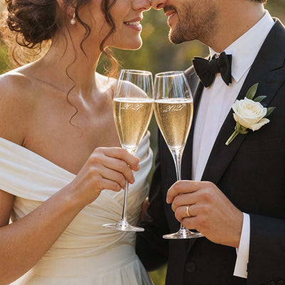 bride and groom toasting with personalized wedding champagne flutes