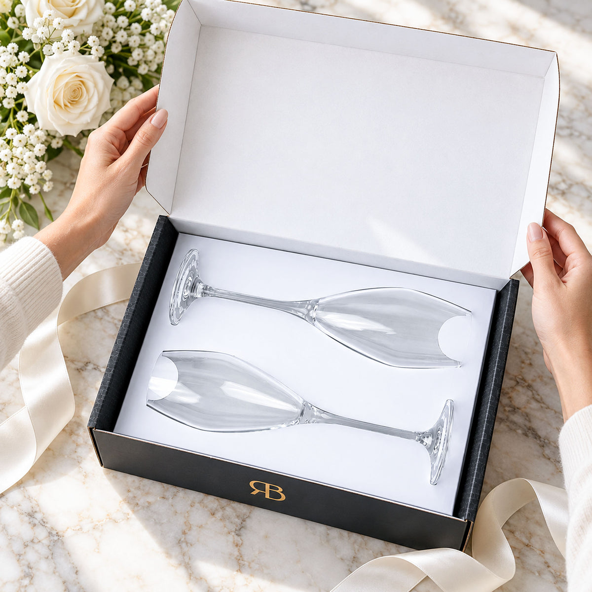 set of two Vintelle champagne flutes in an open gift box
