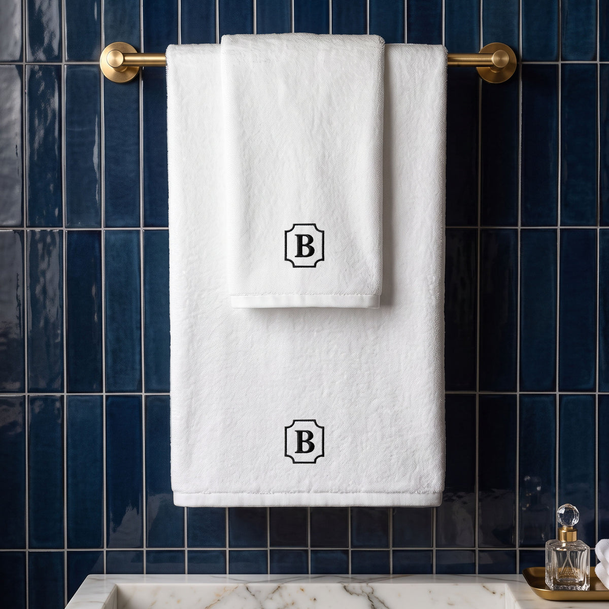 Personalized Rivera white Turkish cotton bath and hand towel set