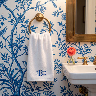 Personalized white Turkish cotton hand towel with blue JBE monogram