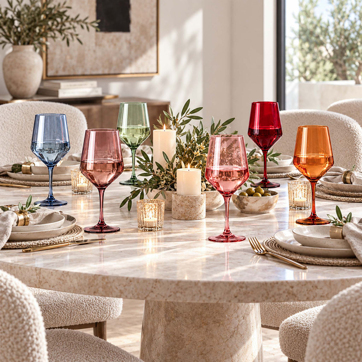 bellora multicolored wine glasses on elegant dining table