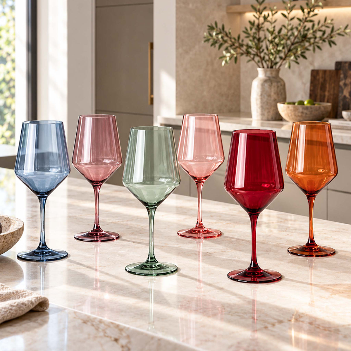 bellora colored wine glasses set of 6 on kitchen counter