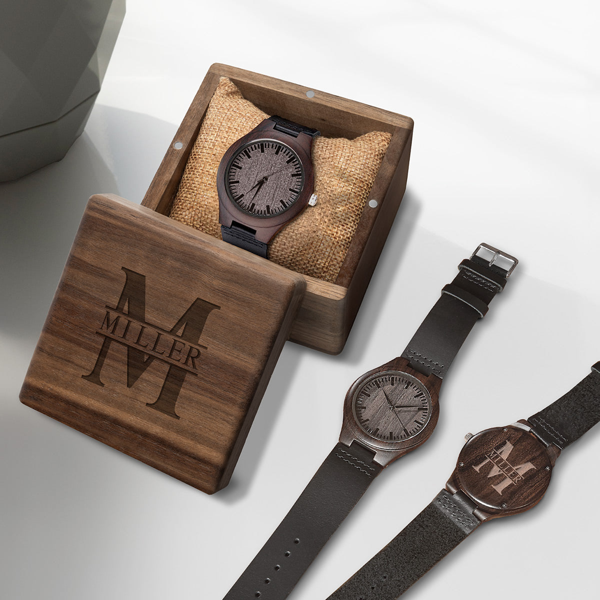 Watch Box with Personalized Wooden Watch with Brown Leather Band