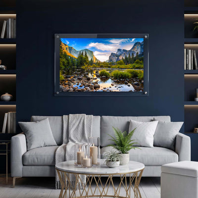 Acrylic wall art of Yosemite Valley displayed in a living room