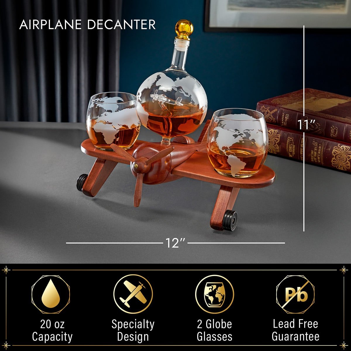 Airplane Whiskey Decanter Set with Globe Glasses