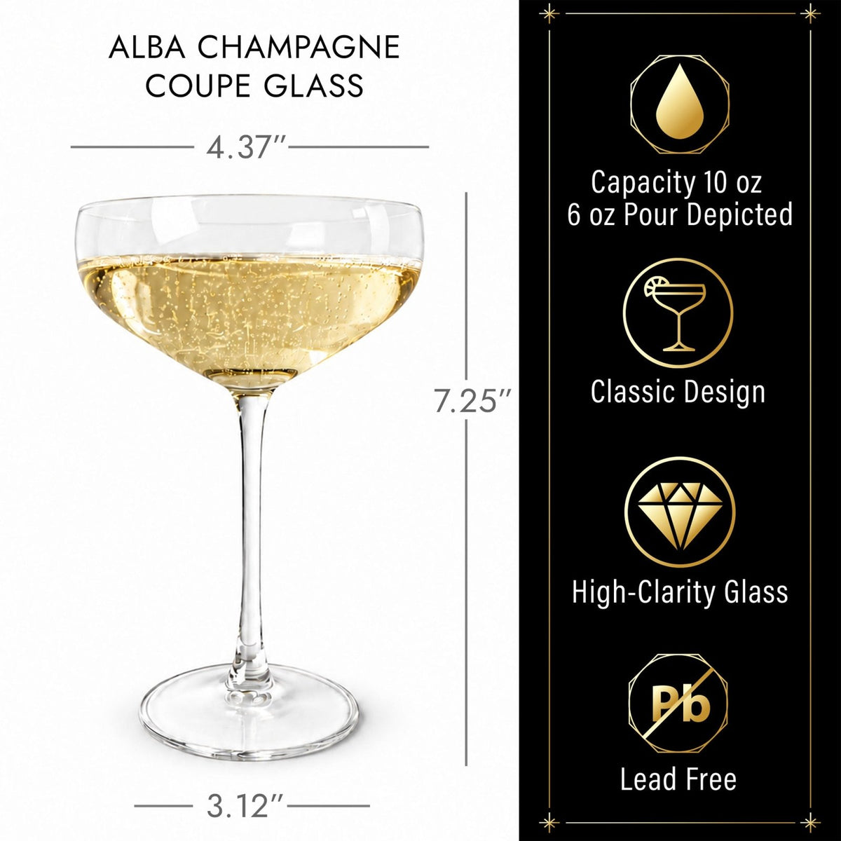 alba champagne coupe glass dimensions and 10 oz capacity