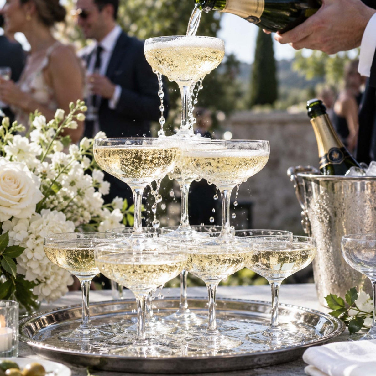 champagne tower with elegant coupe glasses at wedding reception