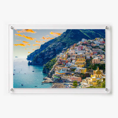 Acrylic wall art featuring the colorful hillside village of Positano along Italy’s Amalfi Coast