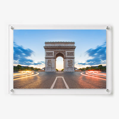 Acrylic wall art featuring the Arc de Triomphe at sunset with glowing traffic light trails