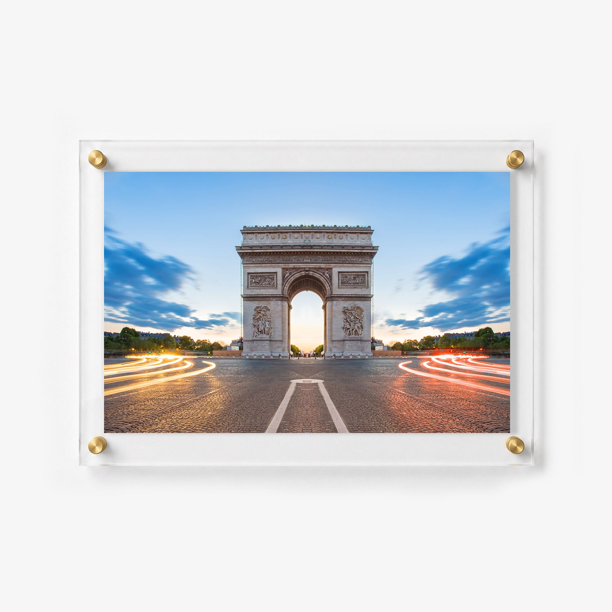 Paris wall art showing the Arc de Triomphe surrounded by red and golden light trails