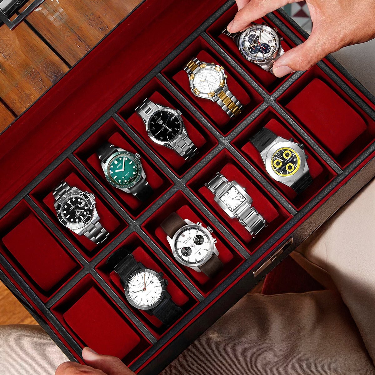 Ashbury 12 Watch Display Case, Black Leather with Valet Drawer