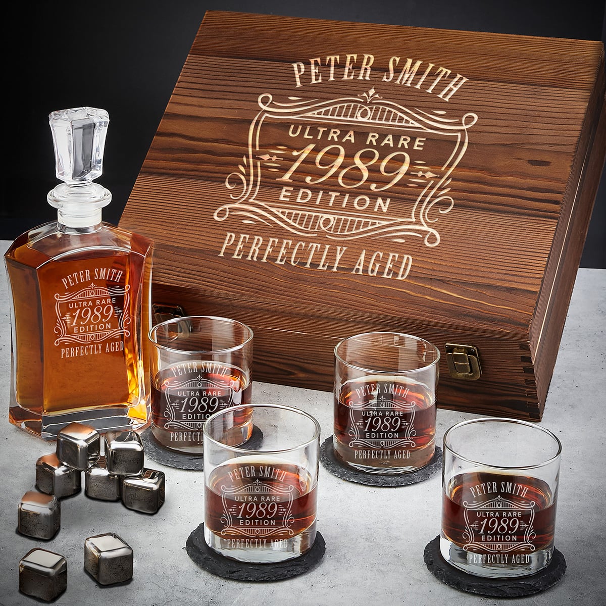 Ashcroft Custom Whiskey Gifts for Men 12pc with Personalized Decanter Set and Whiskey Stones
