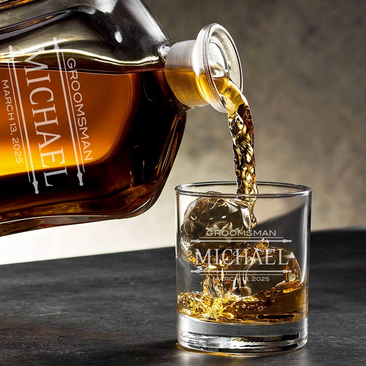 Ashcroft Personalized Whiskey Decanter Set 12pc with Whiskey Stones and Wood Box