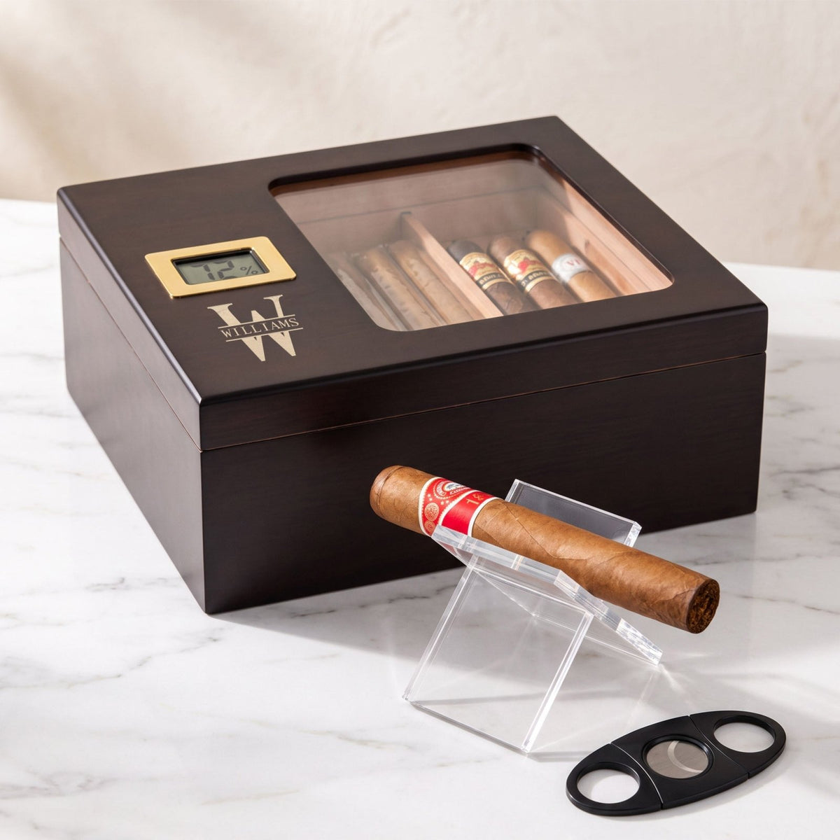 Aurelio Cigar Humidor Box w/ Digital Hygrometer & Cigar Cutter Gift Set