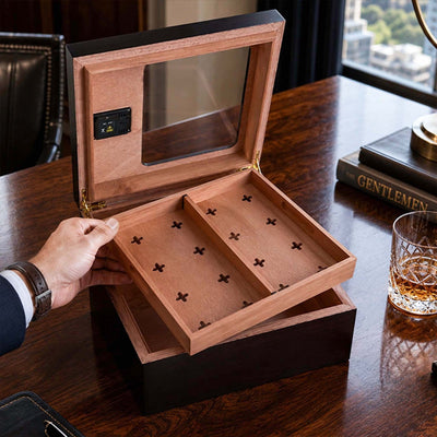 Aurelio Cigar Humidor Box w/ Digital Hygrometer & Cigar Cutter Gift Set
