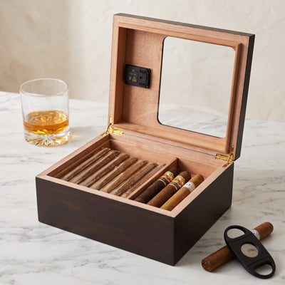 Aurelio Cigar Humidor Box w/ Digital Hygrometer & Cigar Cutter Gift Set