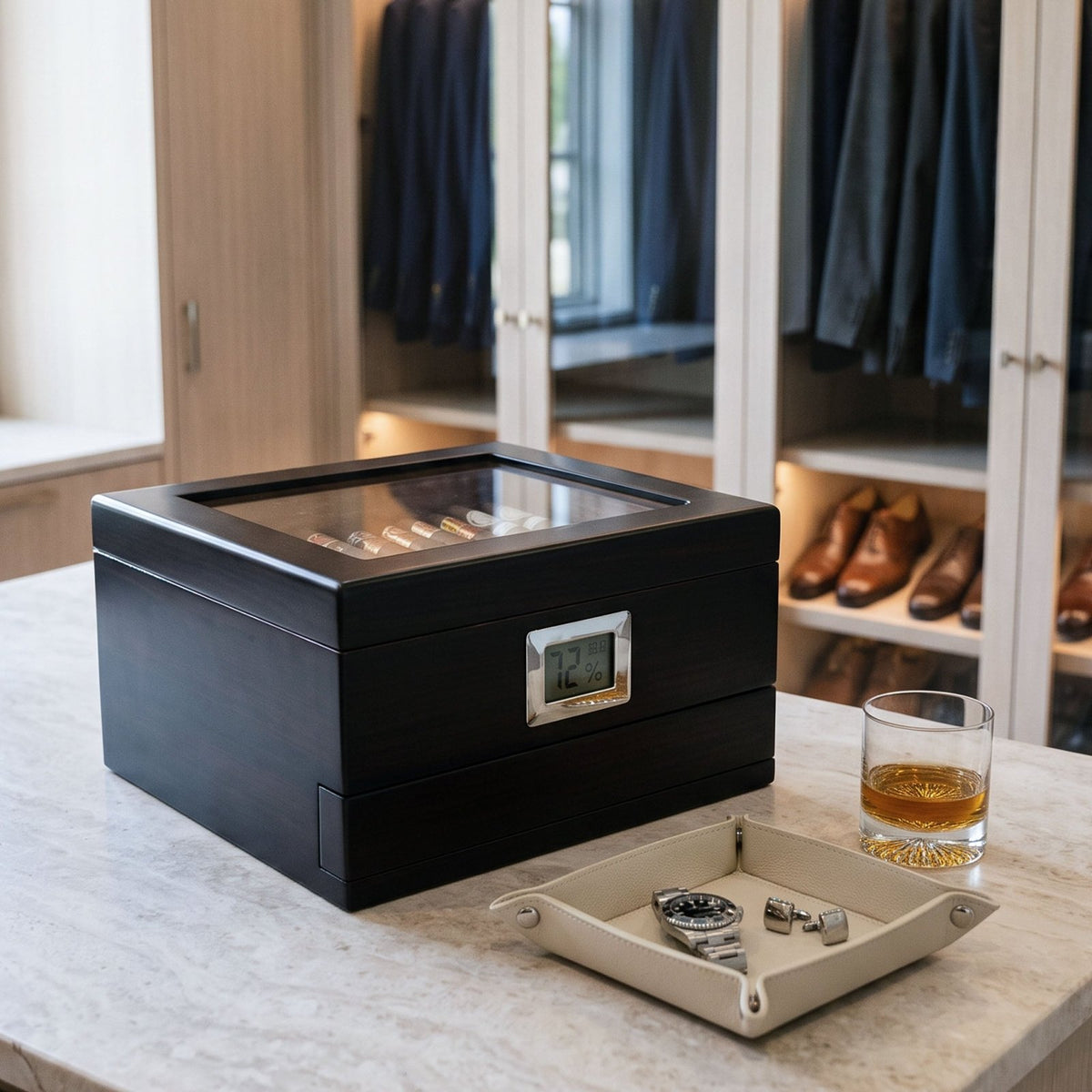 Aurelio Cigar Humidor Box w/ Digital Hygrometer, Drawer & Cigar Cutter Gift Set