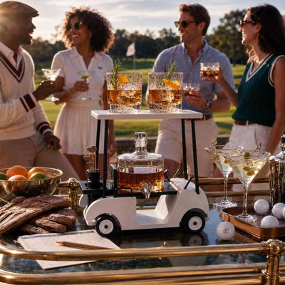 Back Nine Golf Cart Whiskey Decanter Dispenser Set w/ Golf Ball Bottom Glasses