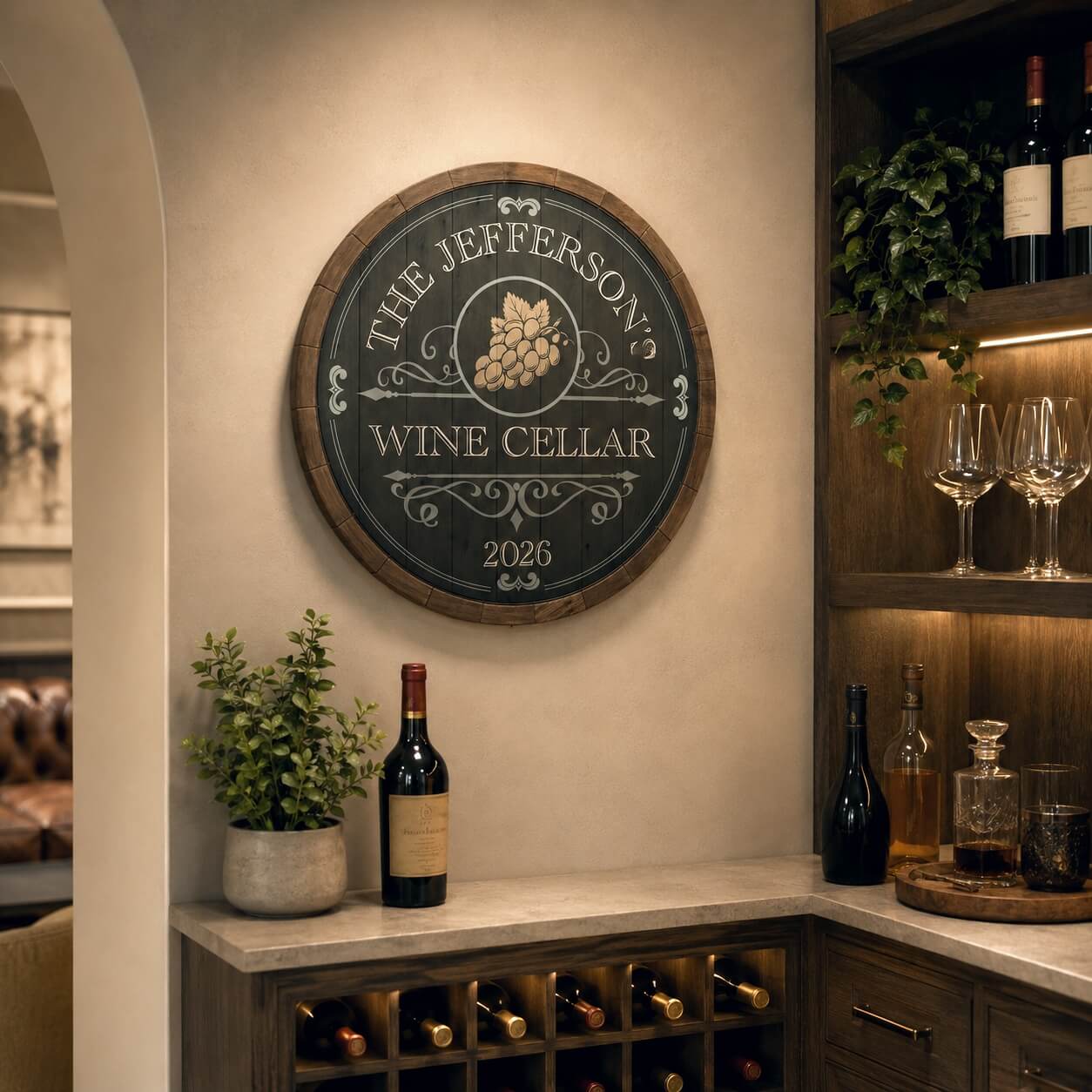 Beauteous Barrel Custom Wine Cellar Sign (2 Colors) - Wine Decor Wall Art