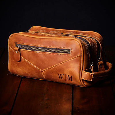 Beckham Mens Toiletry Bag - Monogrammed Brown Saddle Leather Multi - Pocket Dopp Kit