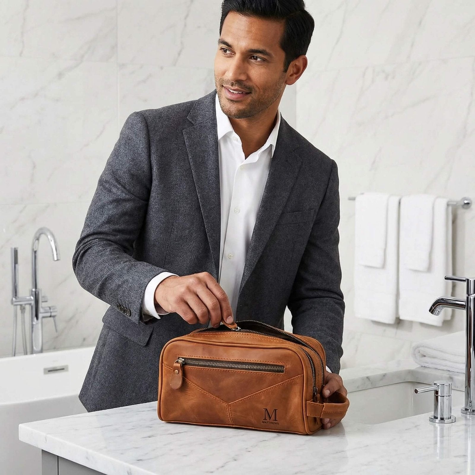 Beckham Mens Toiletry Bag - Monogrammed Brown Saddle Leather Multi - Pocket Dopp Kit