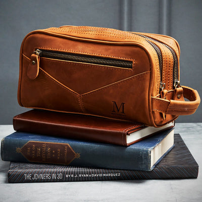 Beckham Mens Toiletry Bag - Monogrammed Brown Saddle Leather Multi - Pocket Dopp Kit