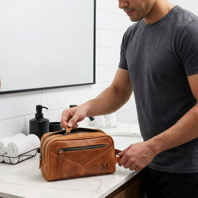 Beckham Mens Toiletry Bag - Monogrammed Brown Saddle Leather Multi - Pocket Dopp Kit