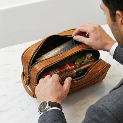 Beckham Mens Toiletry Bag - Monogrammed Brown Saddle Leather Multi - Pocket Dopp Kit