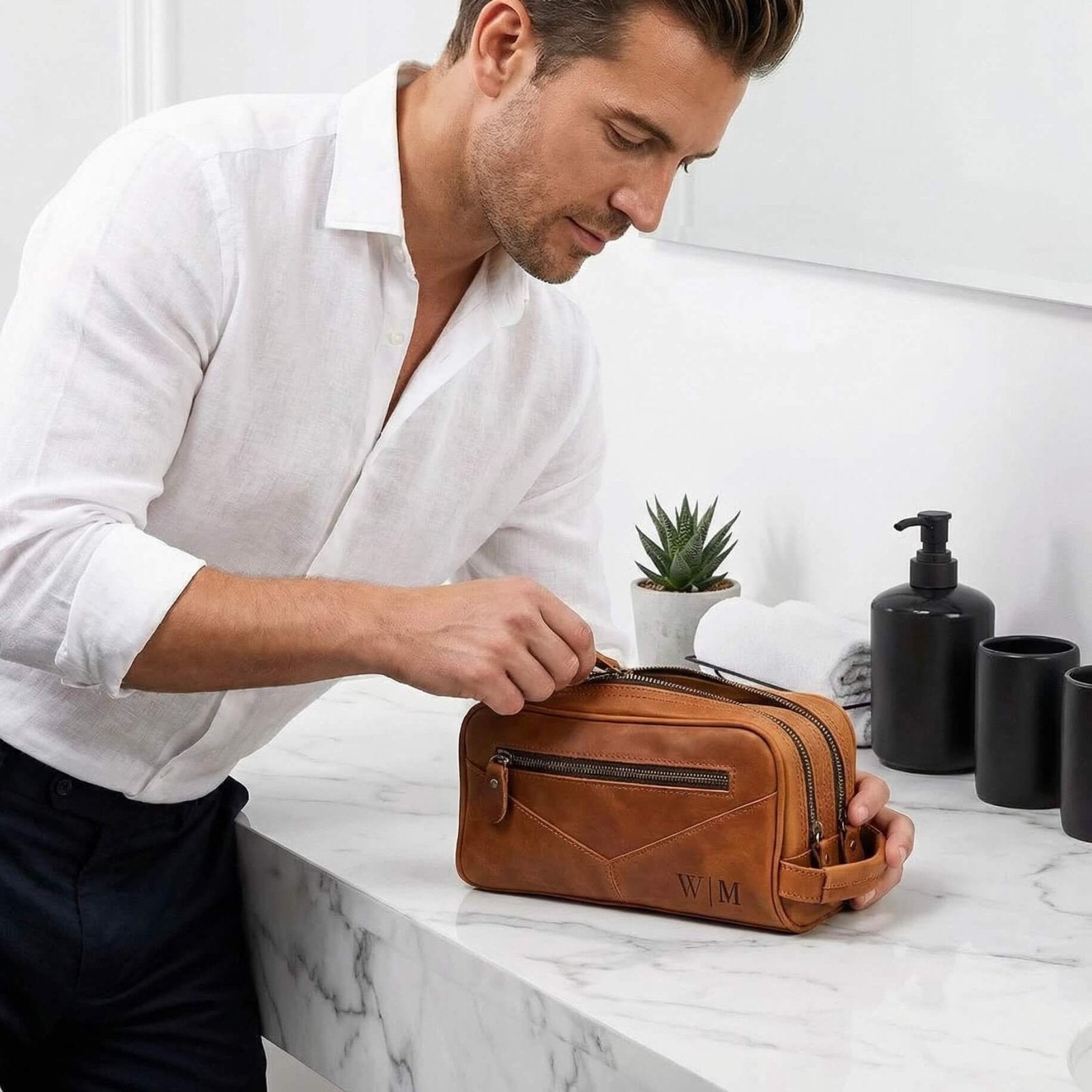 Beckham Mens Toiletry Bag - Monogrammed Brown Saddle Leather Multi - Pocket Dopp Kit
