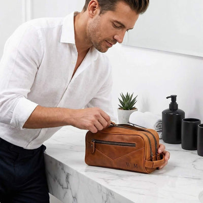 Beckham Mens Toiletry Bag - Monogrammed Brown Saddle Leather Multi - Pocket Dopp Kit