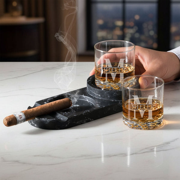 Bolton Cigar Ashtray Set w/ 2 Custom Buckman Glasses