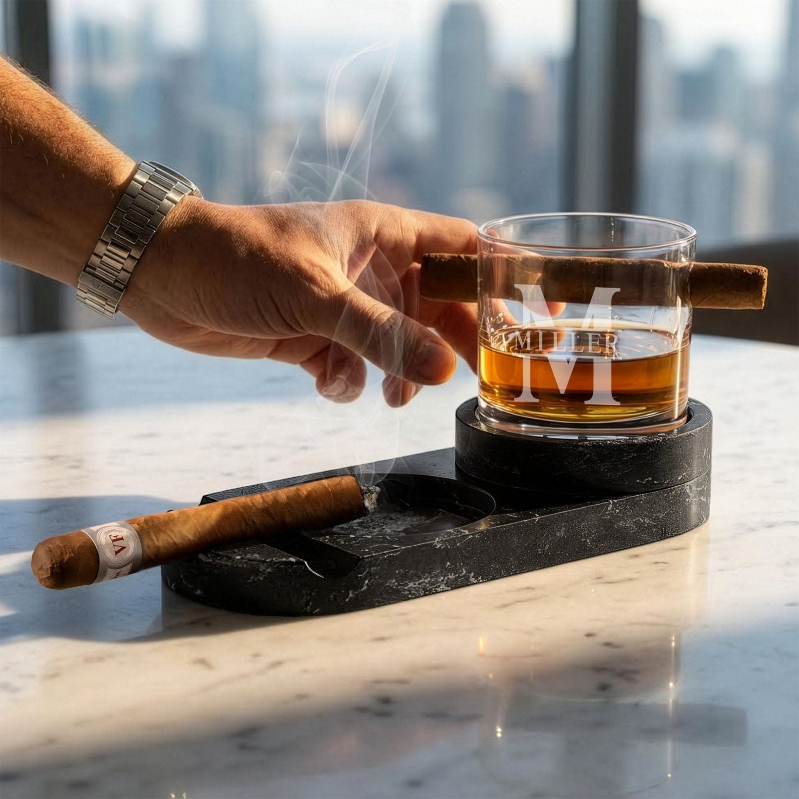 Bolton Cigar Ashtray Whiskey Set w/ Oxley Custom Cigar Glass