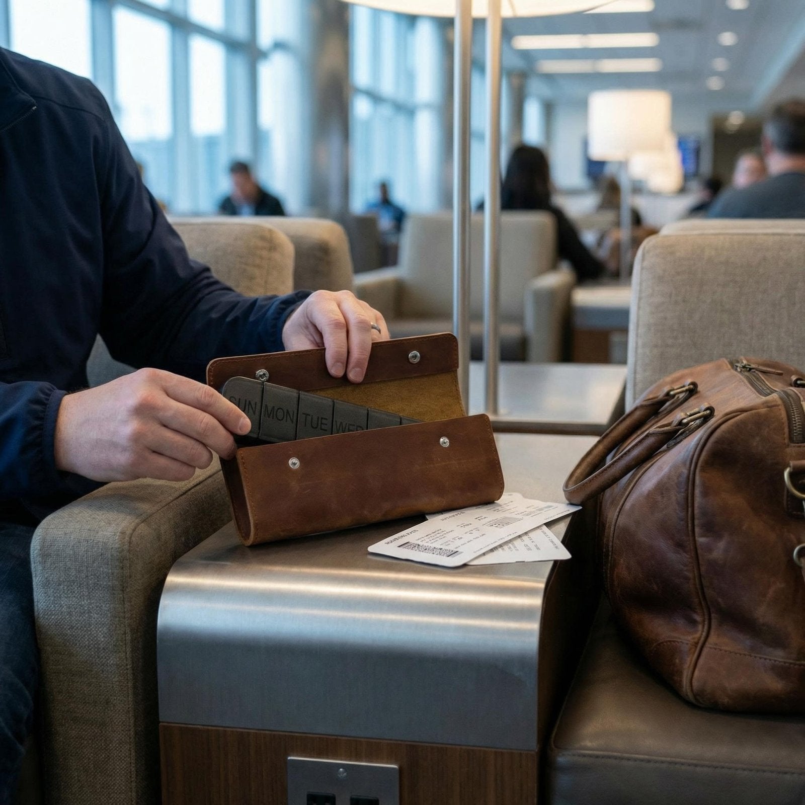 Man opening leather weekly pill case in an airport lounge