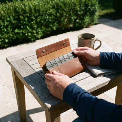 Person holding the open leather weekly pill case outdoors