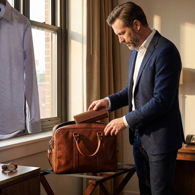 Man placing the engraved leather pill case into a leather travel bag