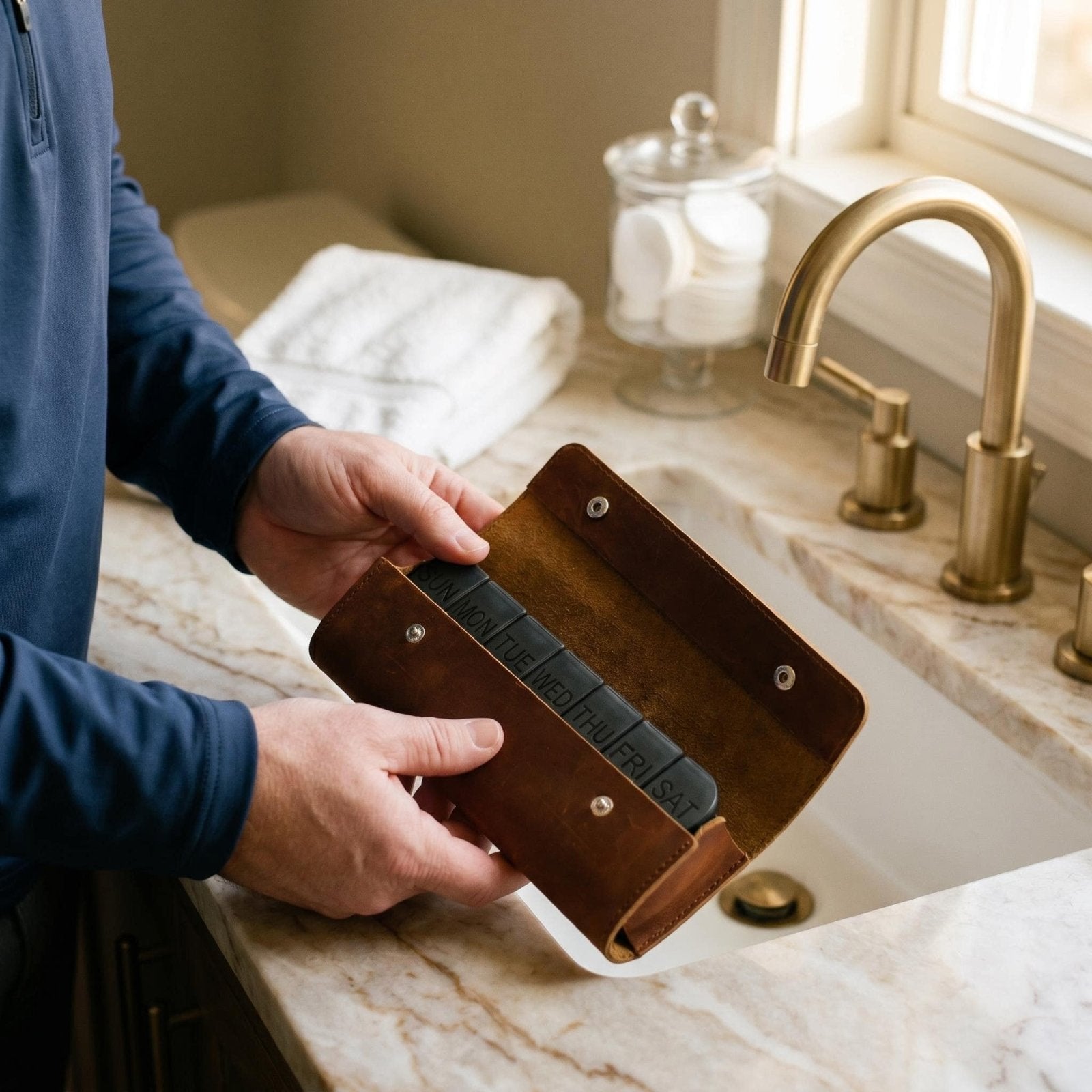 Person holding leather pill case with labeled daily compartments beside a bathroom sink