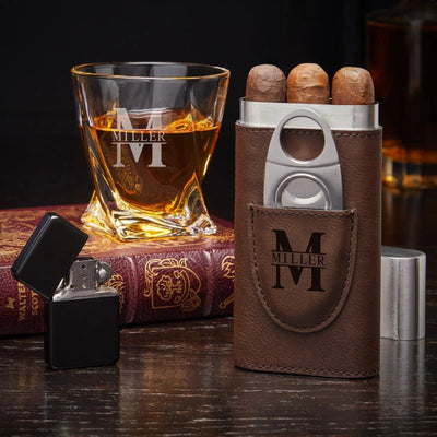 Brown Cigar Case With Whiskey Glass