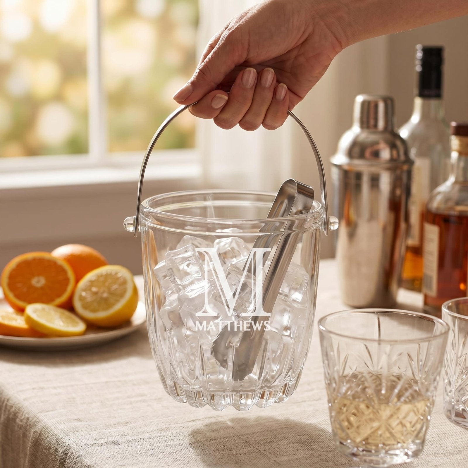 Calvera Monogrammed Chill Tabletop Glass Ice Bucket w/ Tongs (33 oz)