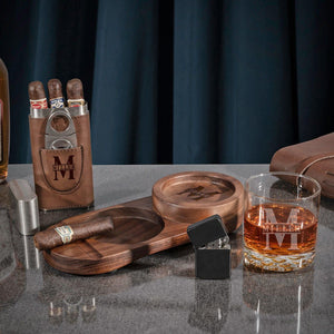 Wood Ash Tray + Cigar Holder + Glass