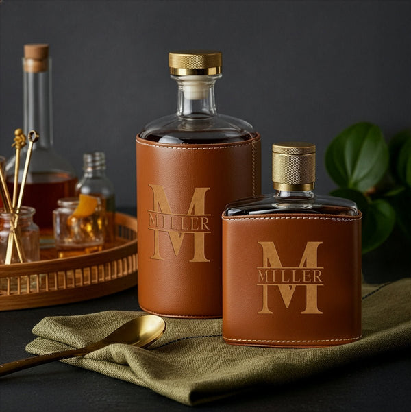 Crawford Leather Whiskey Decanter & Flask - Golf Ball Glasses