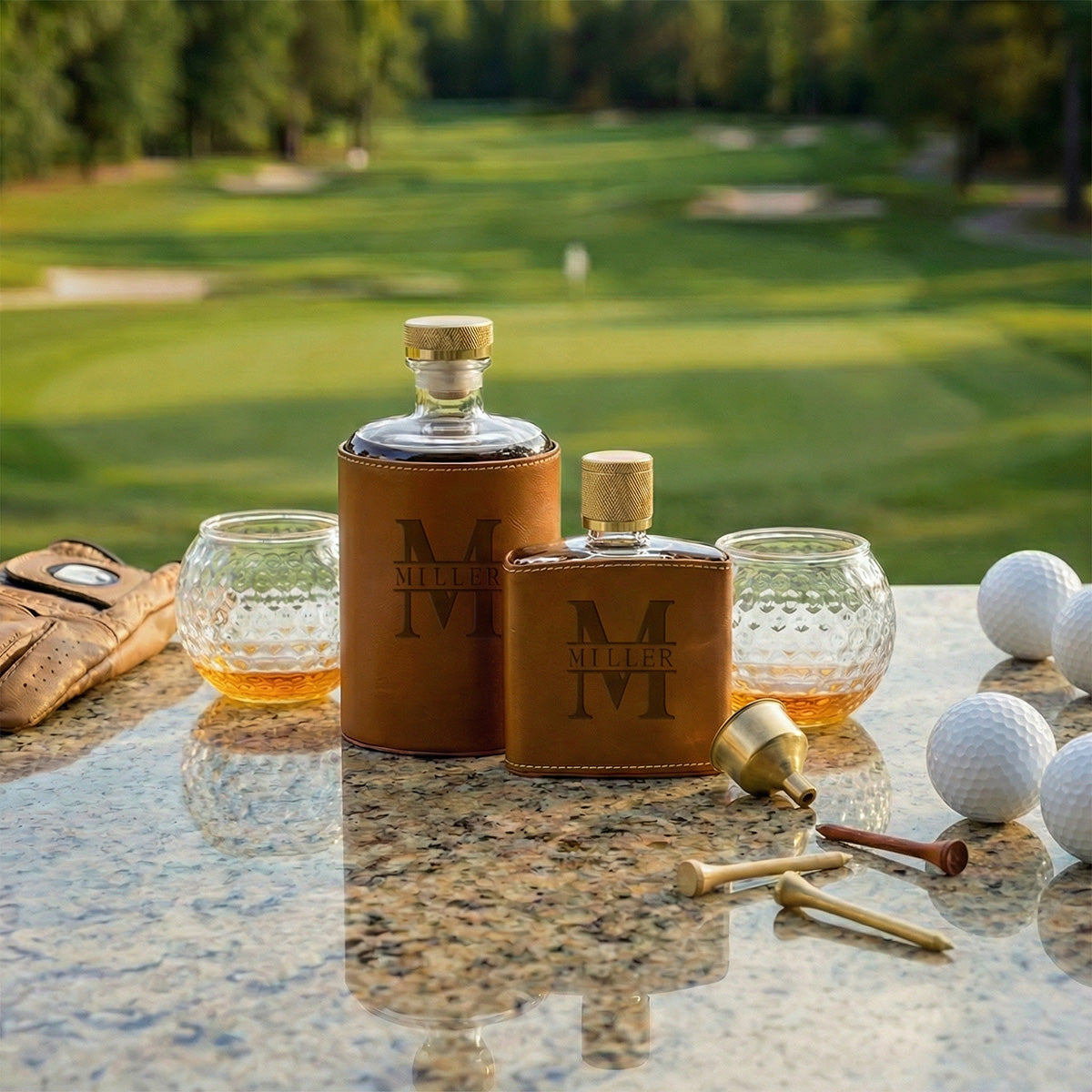 Crawford Leather Whiskey Decanter & Flask - Golf Ball Glasses