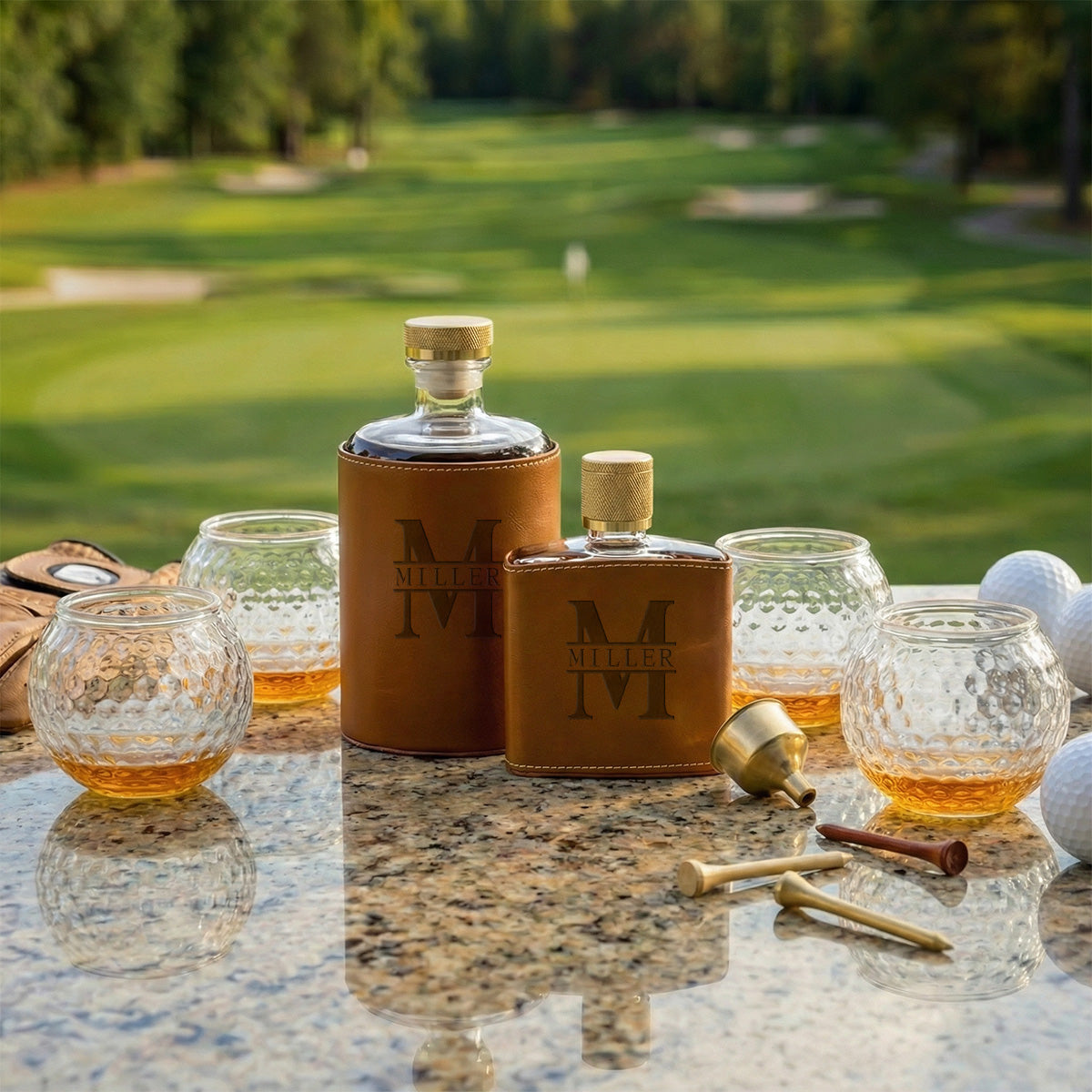 Crawford Leather Whiskey Decanter & Flask - Golf Ball Glasses
