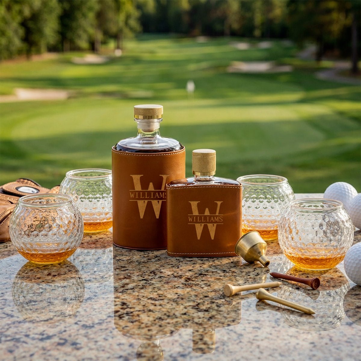 Crawford Leather Whiskey Decanter & Flask - Golf Ball Glasses
